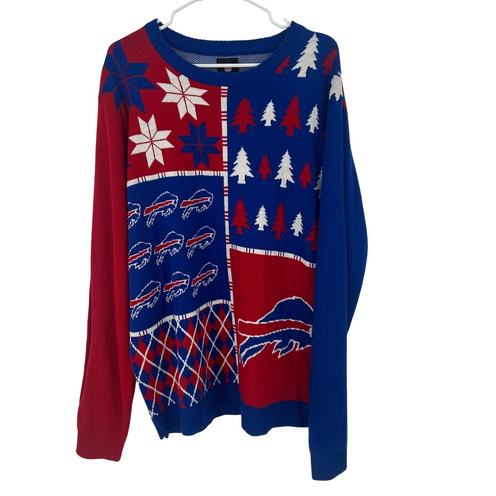 NFL Team Apparel Buffalo Bills Mens XL Ugly Christmas Sweater Blue Red Patchwork